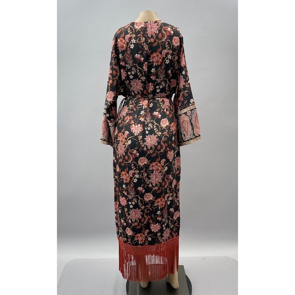 Mango MNG Floral Fringe Maxi Kimono Dress Bell Sleeve Black Red Women's Size 6 - Picture 10 of 16